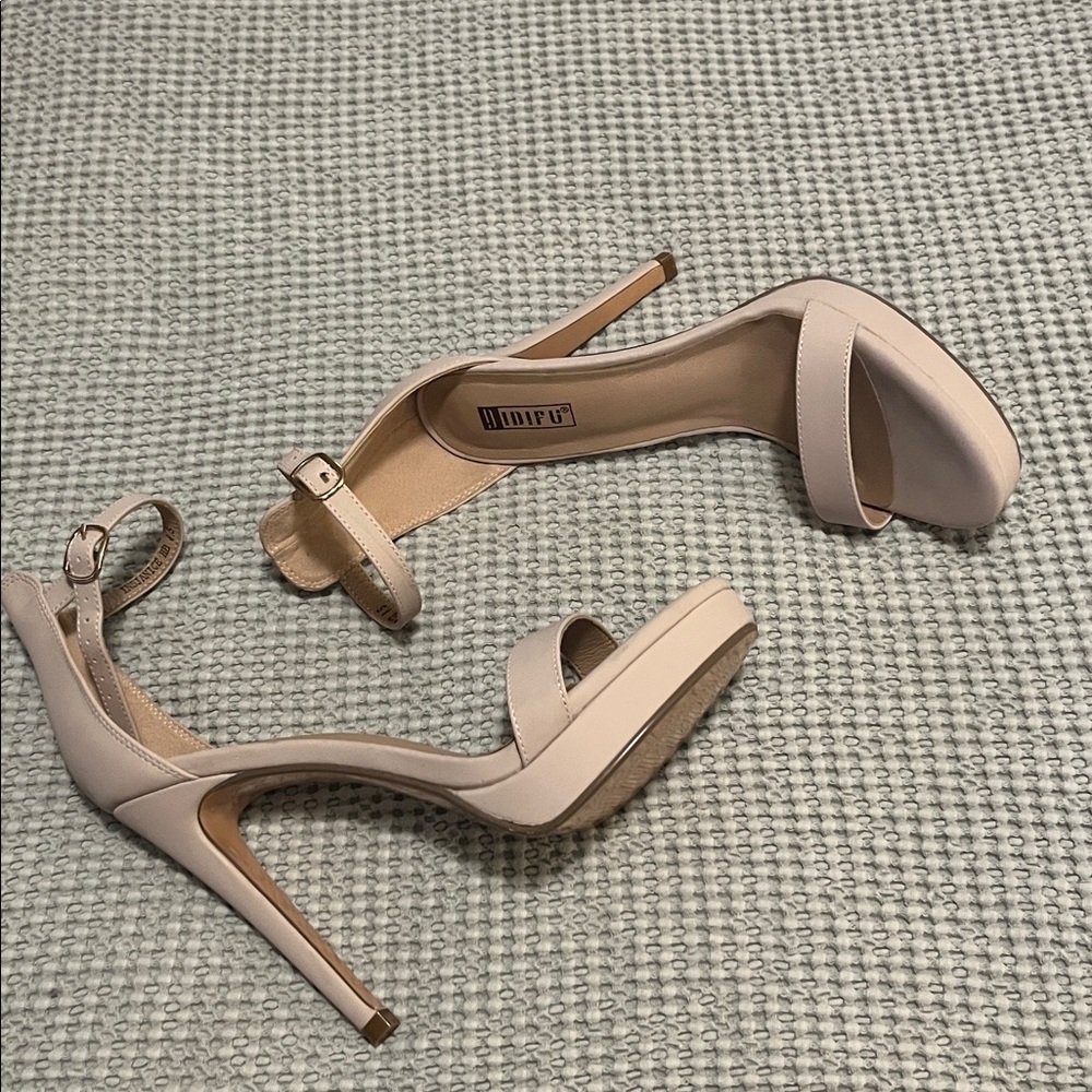 IDIFU Beige Nude Neutral Faux Suede Stiletto Platform Ankle Strap Open Toe Shoe - Picture 3 of 15